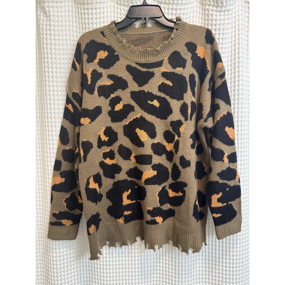 SHEIN Leopard Print Distressed Crewneck Sweater Medium